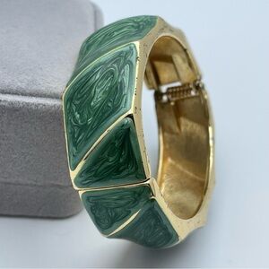 Vintage Green Enamel Hinged Gold-Tone Bracelet Retro Statement Jewelry